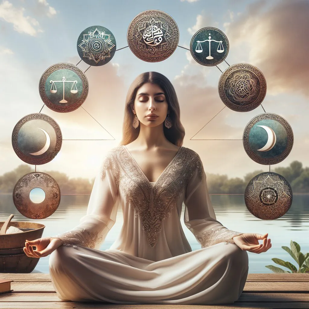 پیشگیری و مقابله با فرسودگی عاطفی ناشی از کمالگرایی یک زن در حال مدیتیشن با نمادهای تعادل، خودآگاهی و پذیرش در اطرافش