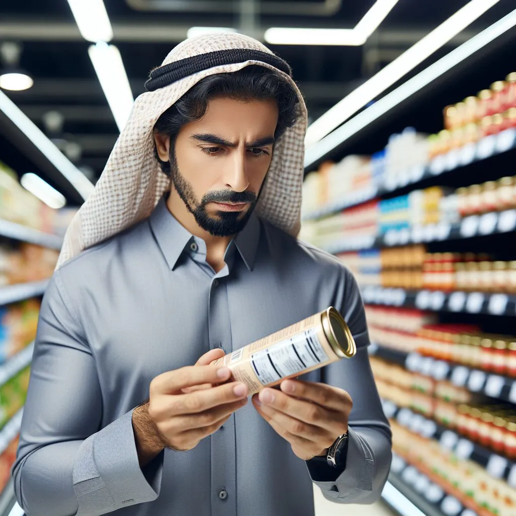 تأثیرات و راهکارهای تبلیغات هیجانی تصویری از فردی که آگاهانه در حال مطالعه برچسب خوراکی در فروشگاه است.