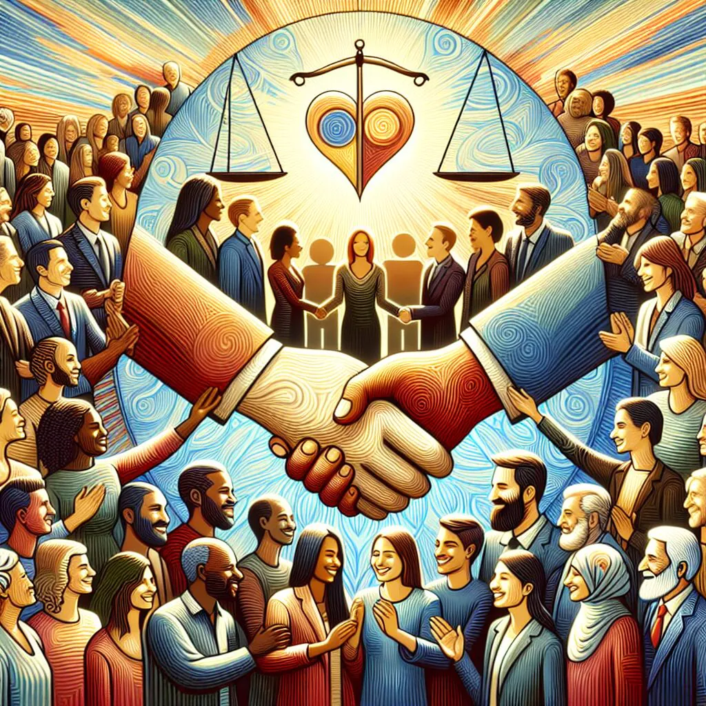 بازسازی اعتماد: راهکارها و چالشهای پیشرو تصویر نشان دهنده بازسازی اعتماد با افراد دست در دست و نمادهای اعتماد در پسزمینه