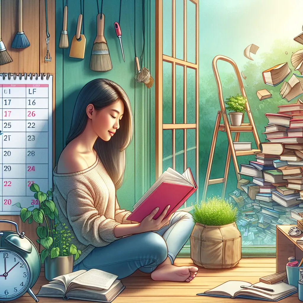 سلامت روان پس از بازنشستگی تصویری از فردی در محیطی آرام در حال مطالعه، با تقویم و دفترچه یادداشت در کنارش، نردبانی برای یادگیری مهارتهای جدید در پسزمینه