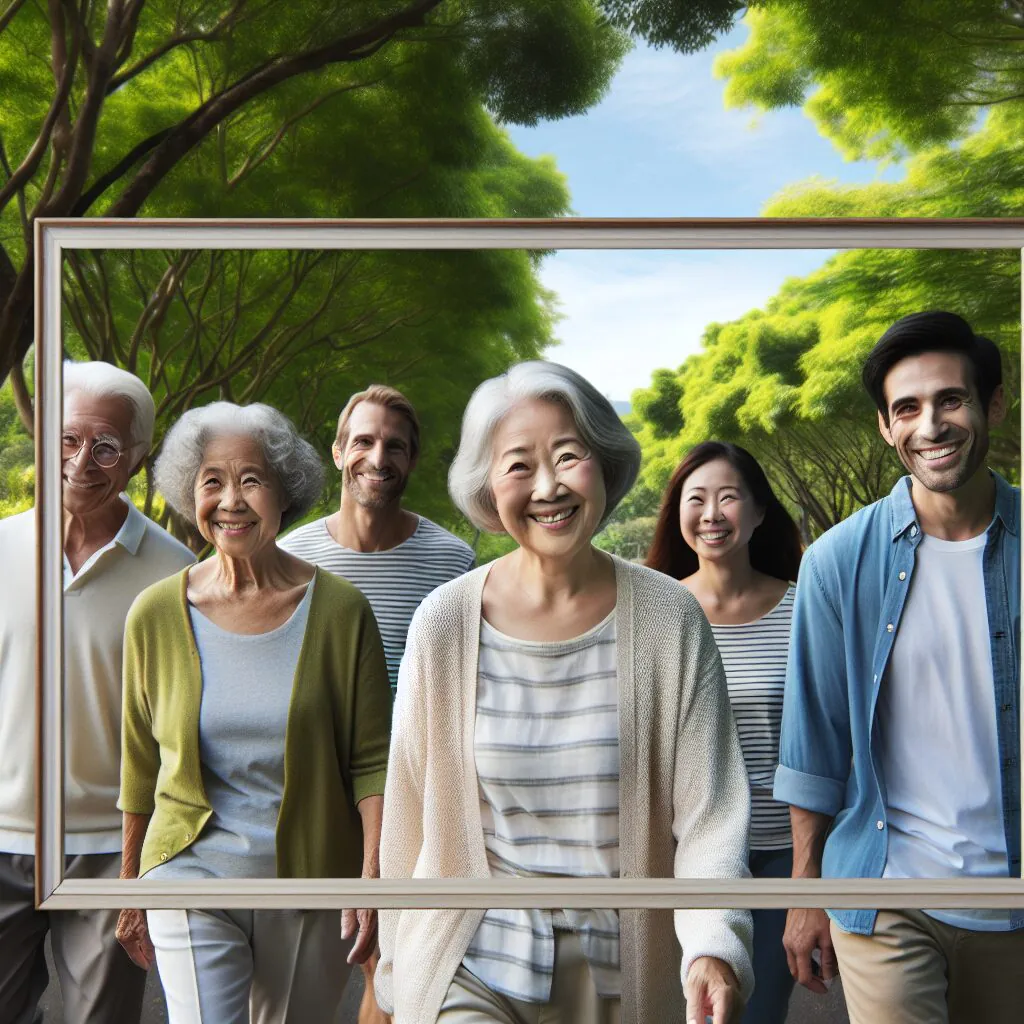 سلامت روان پس از بازنشستگی تصویری از فردی مسن که با دوستان خود در حال پیادهروی در طبیعت است، نشاندهنده پشتیبانی اجتماعی و فعالیتهای بدنی.