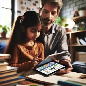 تصویری از کودکی که با کمک والدین با روش‌های ایمن فضای مجازی آشنا می‌شود، در حالی که با نشاط و با خیالی آسوده از تکنولوژی بهره می‌برد.