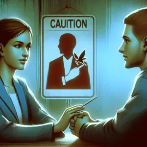 تصویری از دو نفر در حال صحبت، یکی از آنها به دیگری با احساس هم‌ذات‌پنداری گوش می‌دهد، در پس‌زمینه علامت هشدار کلاهبرداری دیده می‌شود.