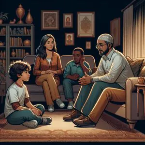 نمایش تصویری زیبا از کودکی که با خانواده‌اش در محیطی دوستانه و بدون قضاوت در حال گفتگو است و به آرامی احساسات خود را بیان می‌کند.