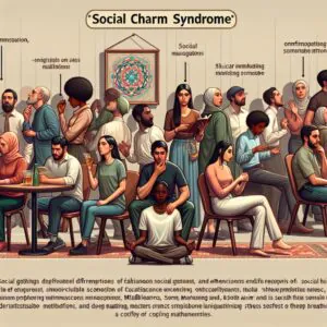 تصویر افرادی در موقعیت‌های اجتماعی مختلف با نمایش تنش‌ها و تعاملات اجتماعی، همراه با تکنیک‌های آرامش‌بخش.