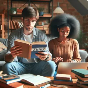 همکاری دو نفر در حال مطالعه کتاب‌ها و مشارکت در گروه حمایتی آنلاین برای مدیریت چالش‌های روابط مبتلا به ADHD