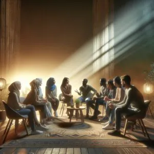 تصویری از یک گروه از افراد در حال گفتگو در فضایی آرام و حمایتگر، نمادی از بازسازی اعتماد.