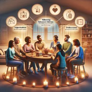 تصویری از خانوادهای که در حال تعامل و گفتگوی سالم هستند، با فضاهایی برای آموزش و حمایت.