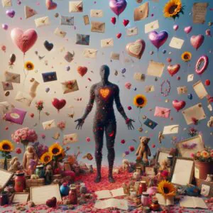 تصویری از فردی که با هدایا و پیامهای عاشقانه از سوی شخص دیگری احاطه شده است، نشان دهنده بمباران عشق