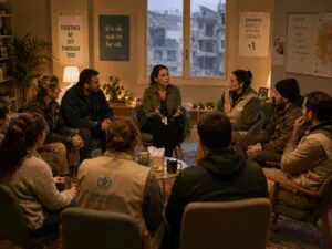 Workers attend a group counseling session led by a therapist in a safe room during wartime.